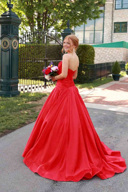 Strapless Red Satin A Line Formal Prom Dress  P2469