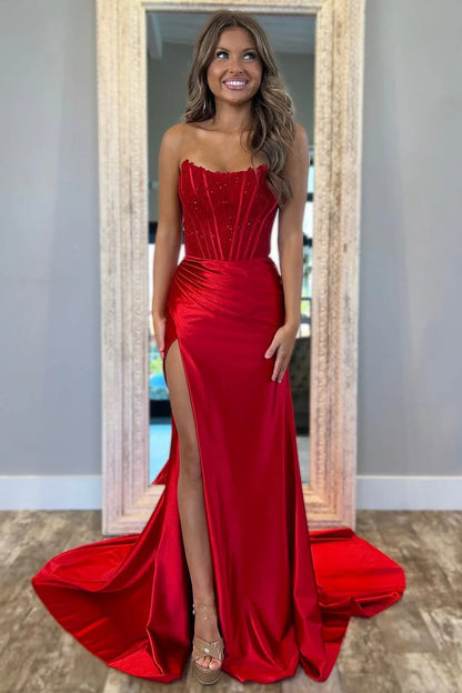 Strapless Red Satin Prom Dress Mermaid Formal Evening Dress  P960
