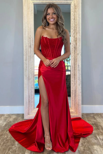 Strapless Red Satin Prom Dress Mermaid Formal Evening Dress  P960