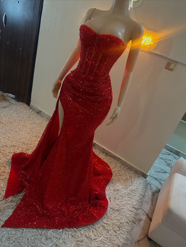 Strapless Red Sequins Mermaid Prom Dress With Slit  P909