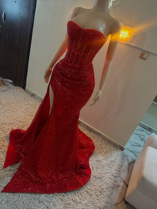 Strapless Red Sequins Mermaid Prom Dress With Slit  P909