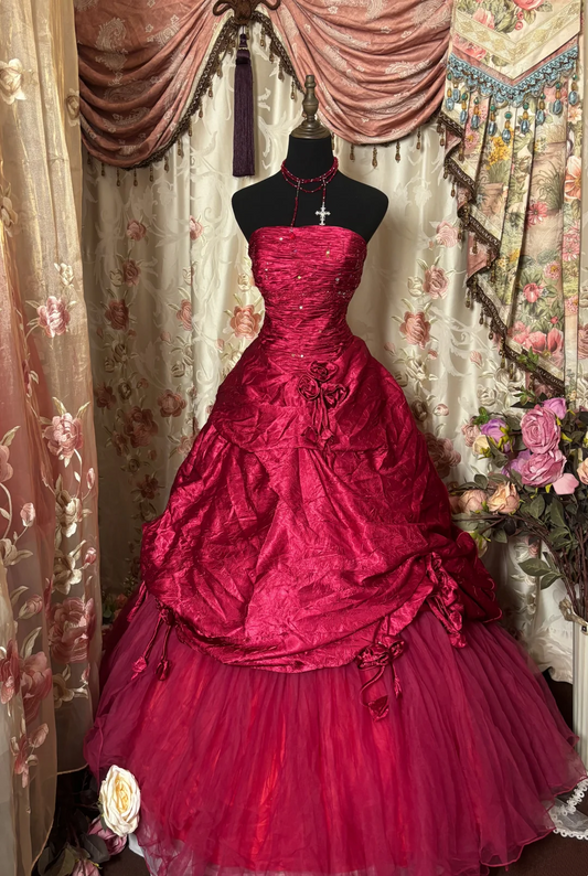 Strapless Rose Red Birthday Dress Vintage Formal Prom Dress  P1127