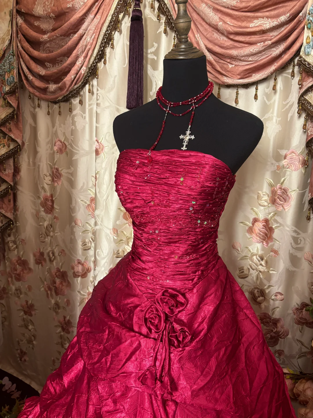 Strapless Rose Red Birthday Dress Vintage Formal Prom Dress  P1127