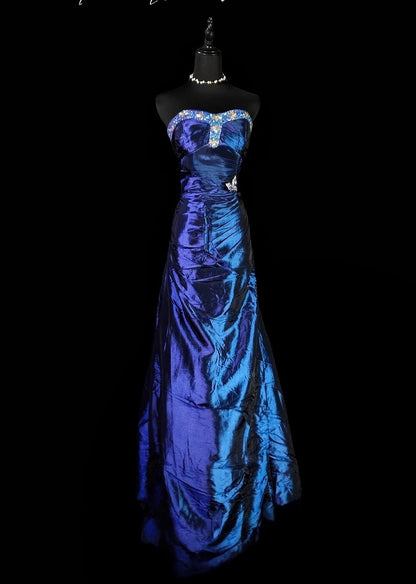 Strapless Royal Blue Satin Formal Prom Dress Retro Evening Gown   P1782