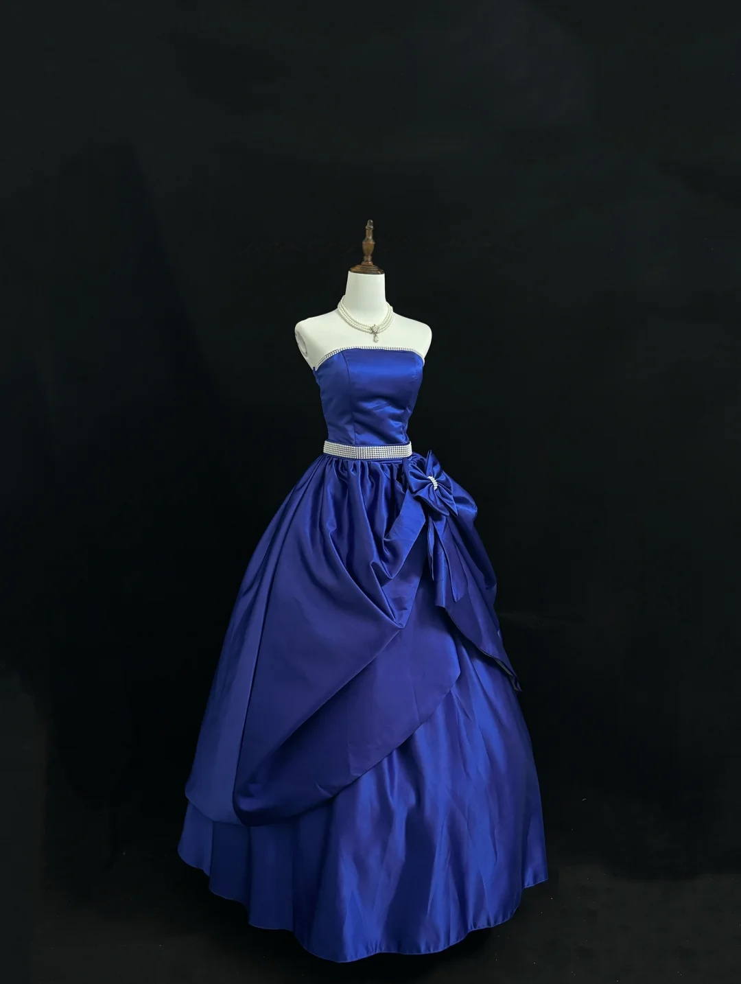 Strapless Royal Blue Satin Prom Dress A Line Birthday Gown With Bow  P1163