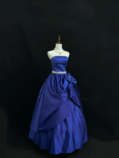 Strapless Royal Blue Satin Prom Dress A Line Birthday Gown With Bow  P1163