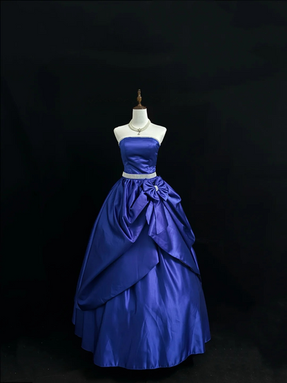 Strapless Royal Blue Satin Prom Dress A Line Birthday Gown With Bow  P1163