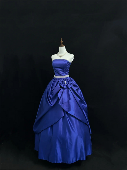 Strapless Royal Blue Satin Prom Dress A Line Birthday Gown With Bow  P1163