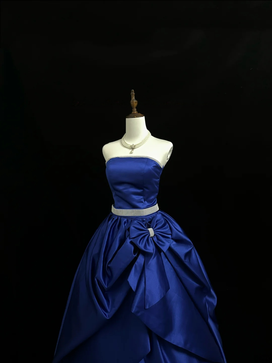 Strapless Royal Blue Satin Prom Dress A Line Birthday Gown With Bow  P1163