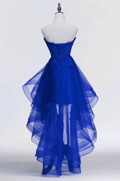 Strapless Royal Blue Tulle Homecoming Dress With Appliques  P1573