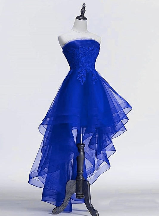 Strapless Royal Blue Tulle Homecoming Dress With Appliques  P1573