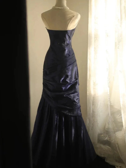 Strapless Ruched Navy Blue Taffeta Vintage Long Prom Dresses  P725