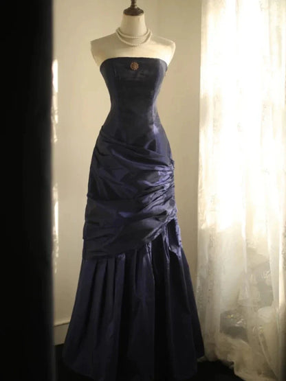 Strapless Ruched Navy Blue Taffeta Vintage Long Prom Dresses  P725