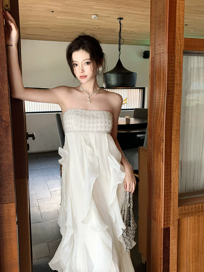 Strapless Ruffled Wedding Dress Fairy Summer Dress  P1619