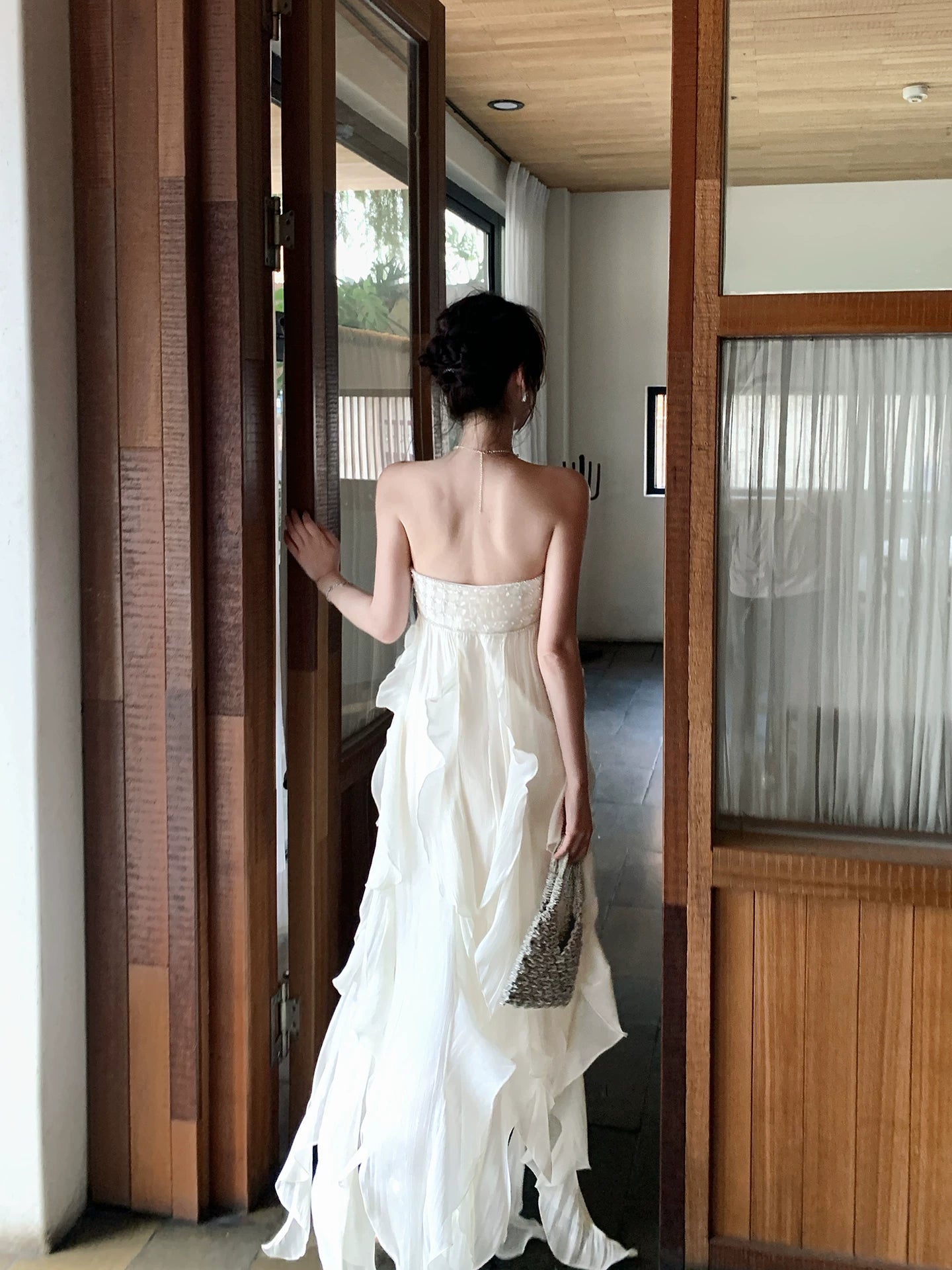 Strapless Ruffled Wedding Dress Fairy Summer Dress  P1619