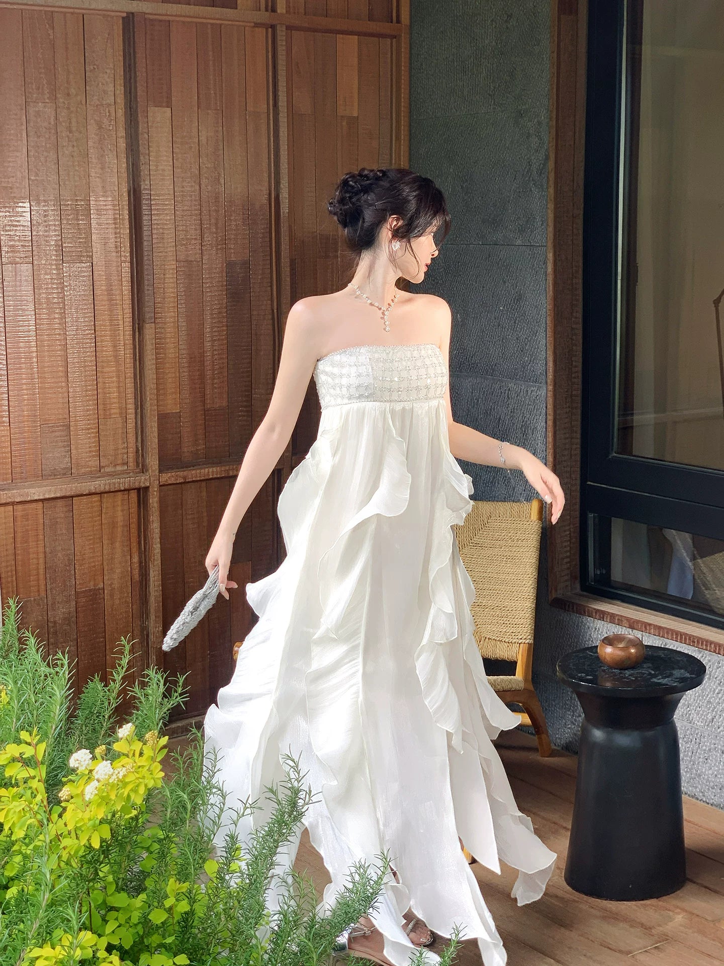 Strapless Ruffled Wedding Dress Fairy Summer Dress  P1619