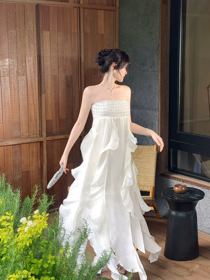 Strapless Ruffled Wedding Dress Fairy Summer Dress  P1619