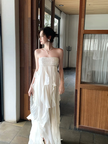 Strapless Ruffled Wedding Dress Fairy Summer Dress  P1619