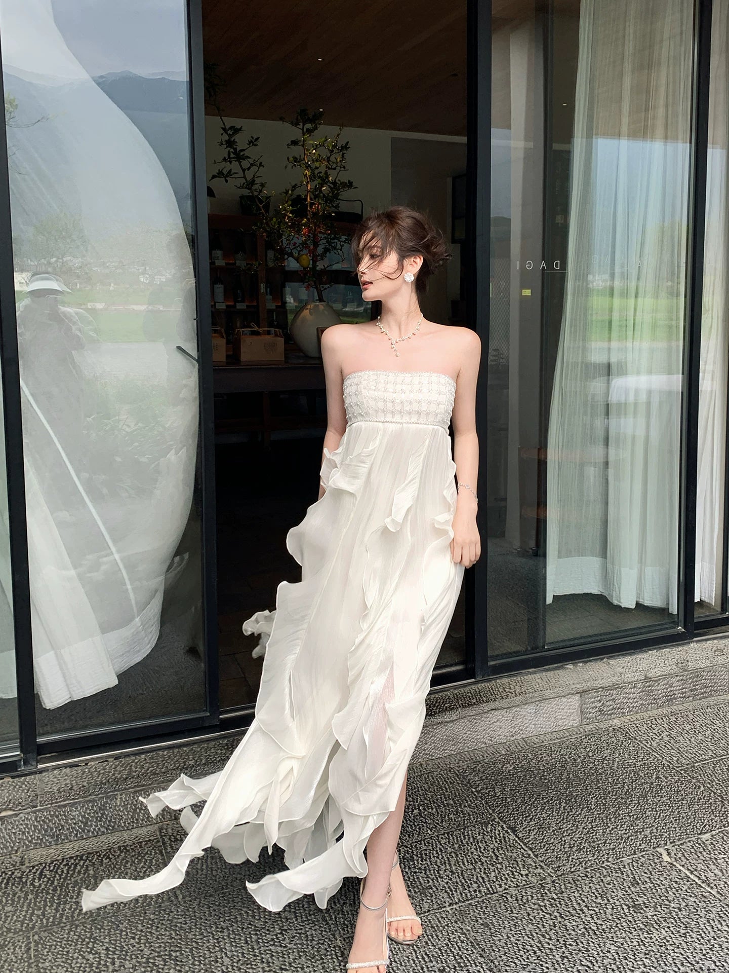 Strapless Ruffled Wedding Dress Fairy Summer Dress  P1619