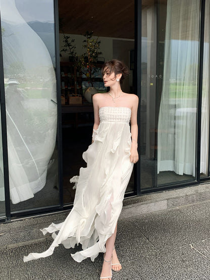 Strapless Ruffled Wedding Dress Fairy Summer Dress  P1619