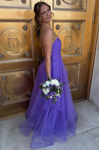 Strapless Ruffles A-Line Tulle Long Prom Dress  P1142