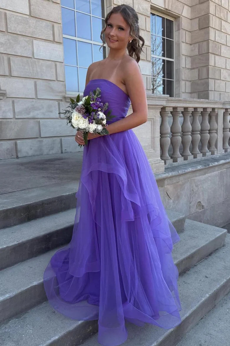 Strapless Ruffles A-Line Tulle Long Prom Dress  P1142