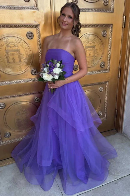 Strapless Ruffles A-Line Tulle Long Prom Dress  P1142