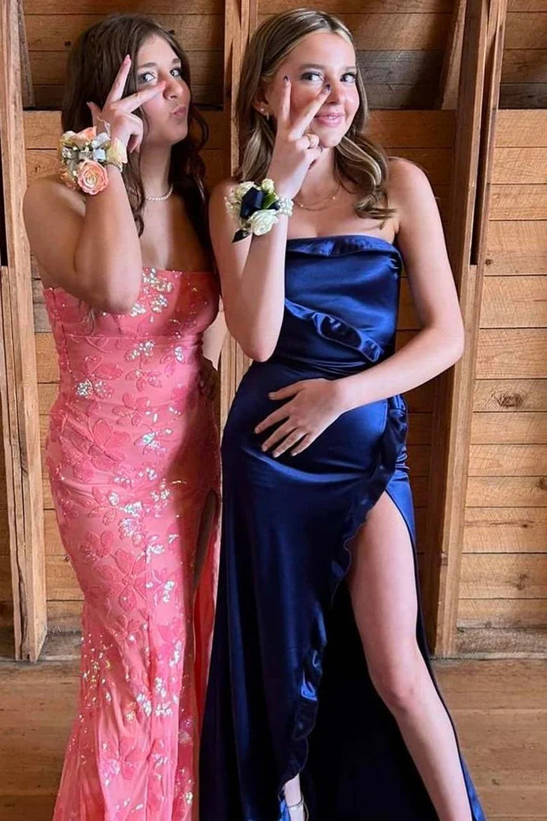Strapless Ruffles Satin Long Formal Prom Dress With Slit  P999