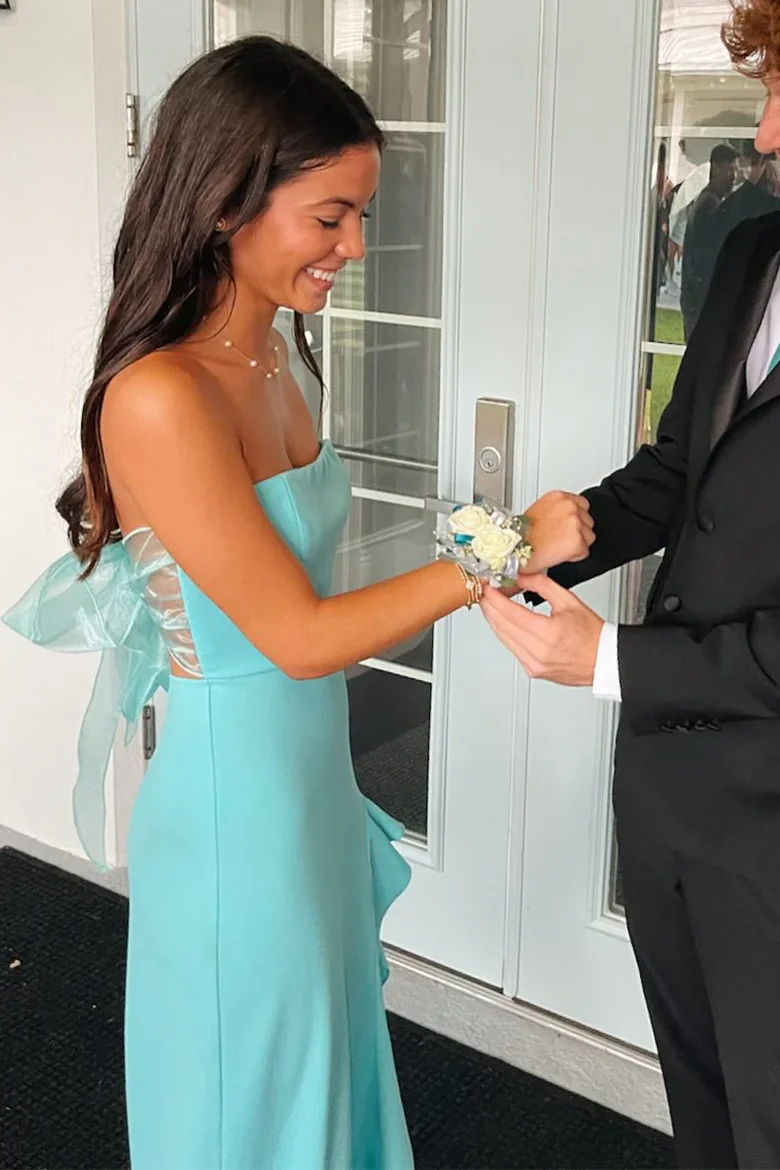 Strapless Ruffles Side Slit Satin Prom Dress With Bow  P844