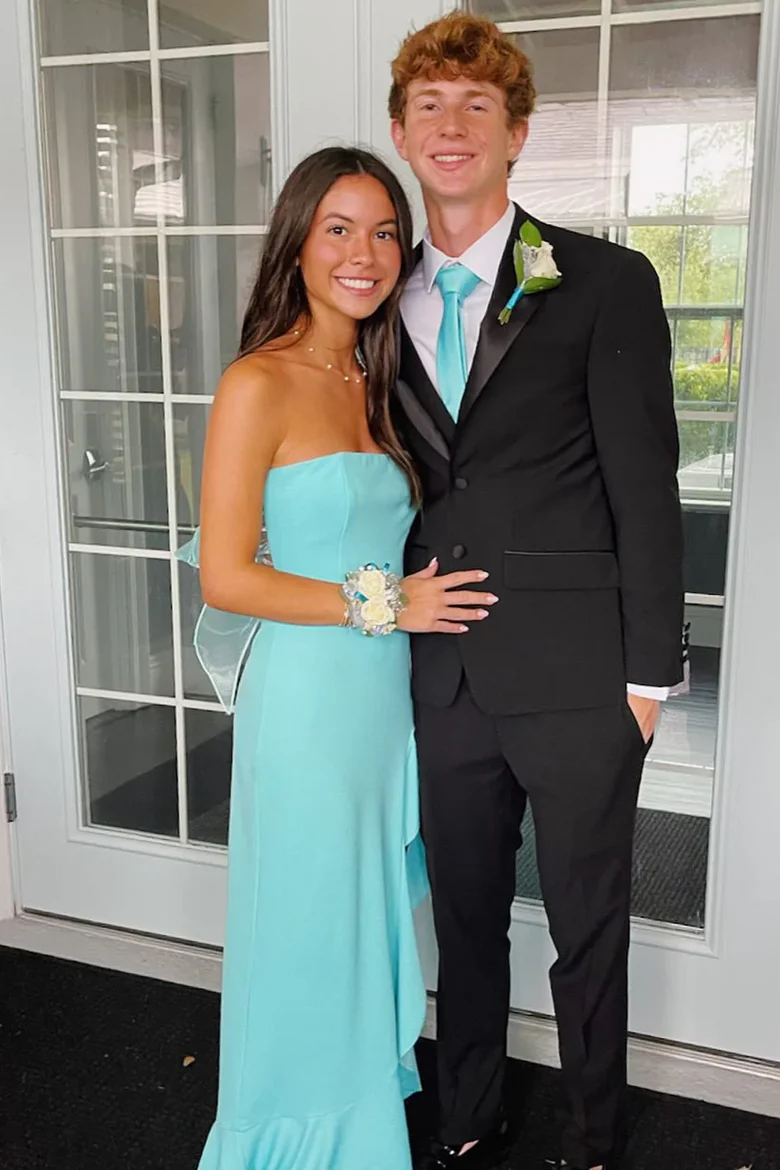 Strapless Ruffles Side Slit Satin Prom Dress With Bow  P844