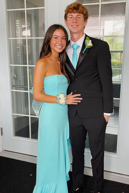 Strapless Ruffles Side Slit Satin Prom Dress With Bow  P844