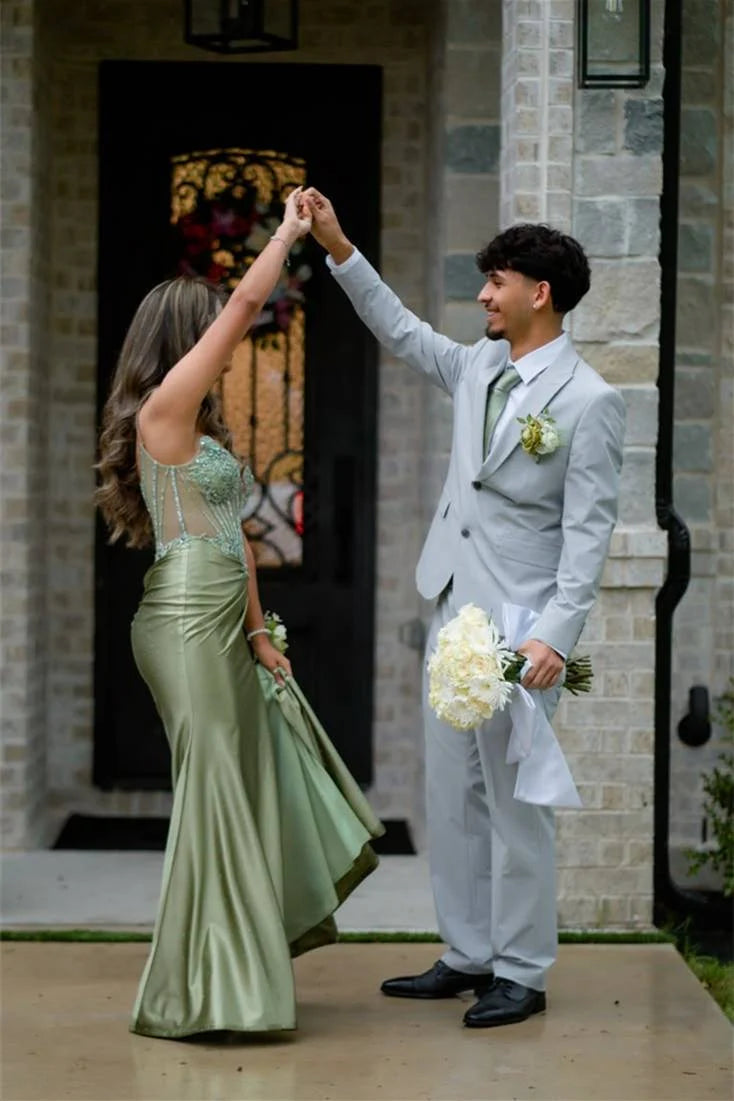 Strapless Sage Green Appliques Long Prom Dress With Slit  P2488