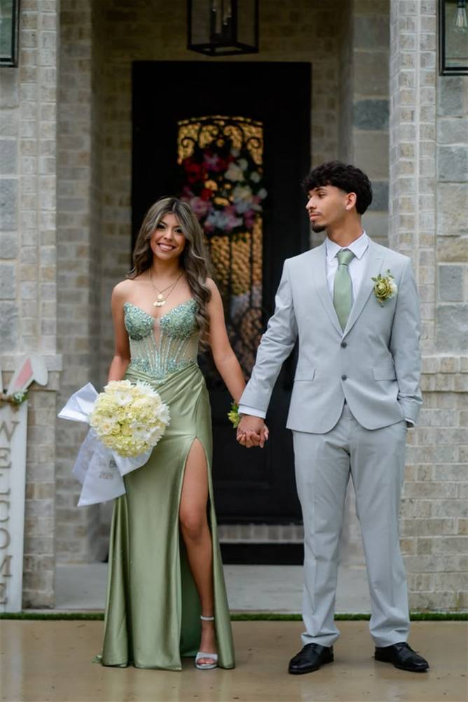 Strapless Sage Green Appliques Long Prom Dress With Slit  P2488
