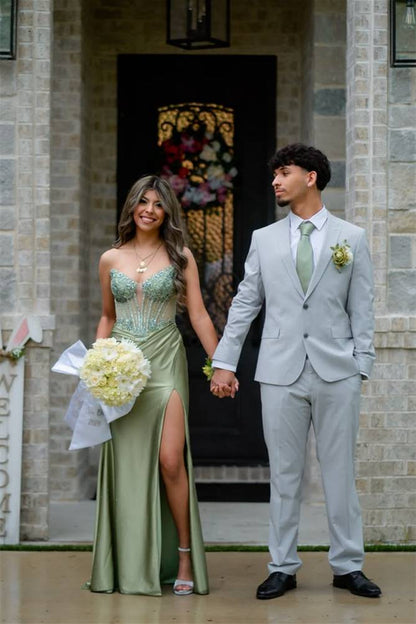 Strapless Sage Green Appliques Long Prom Dress With Slit  P2488