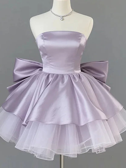 Strapless Satin A Line Birthday Dress with Bow Cute Homecoming Dress  P1461