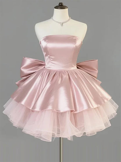 Strapless Satin A Line Birthday Dress with Bow Cute Homecoming Dress  P1461