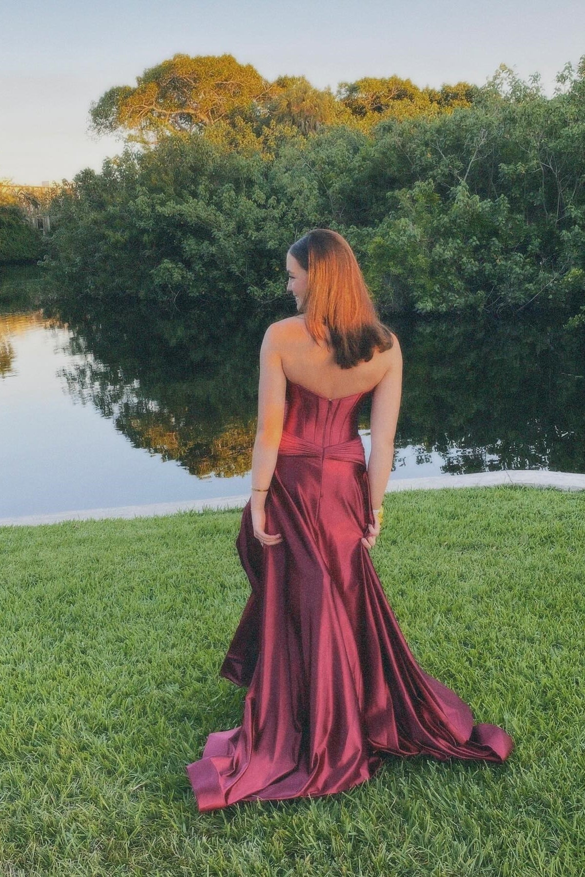 Strapless Satin A Line Formal Prom Dress Wedding Guest Dress  P2555