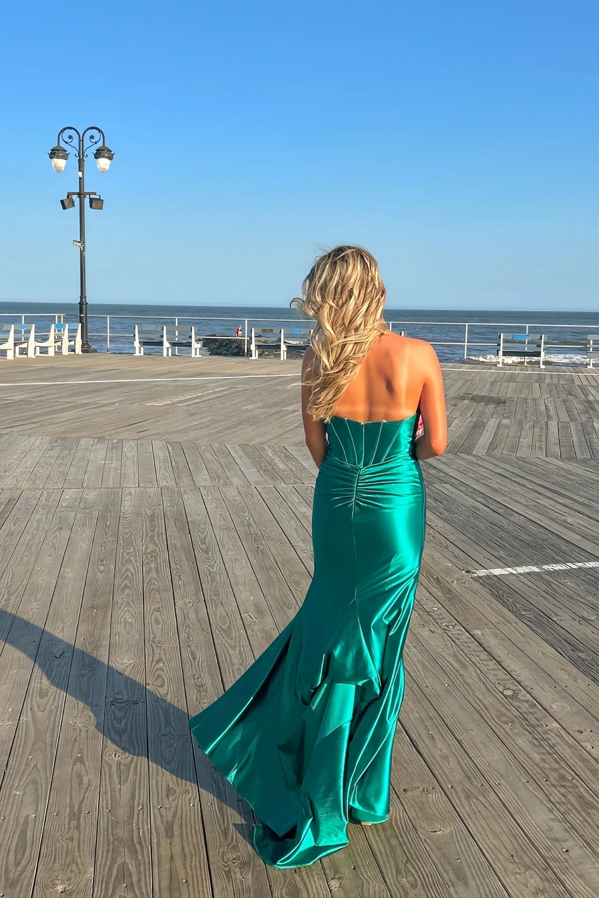Strapless Satin A Line Formal Prom Dress Wedding Guest Dress  P2555