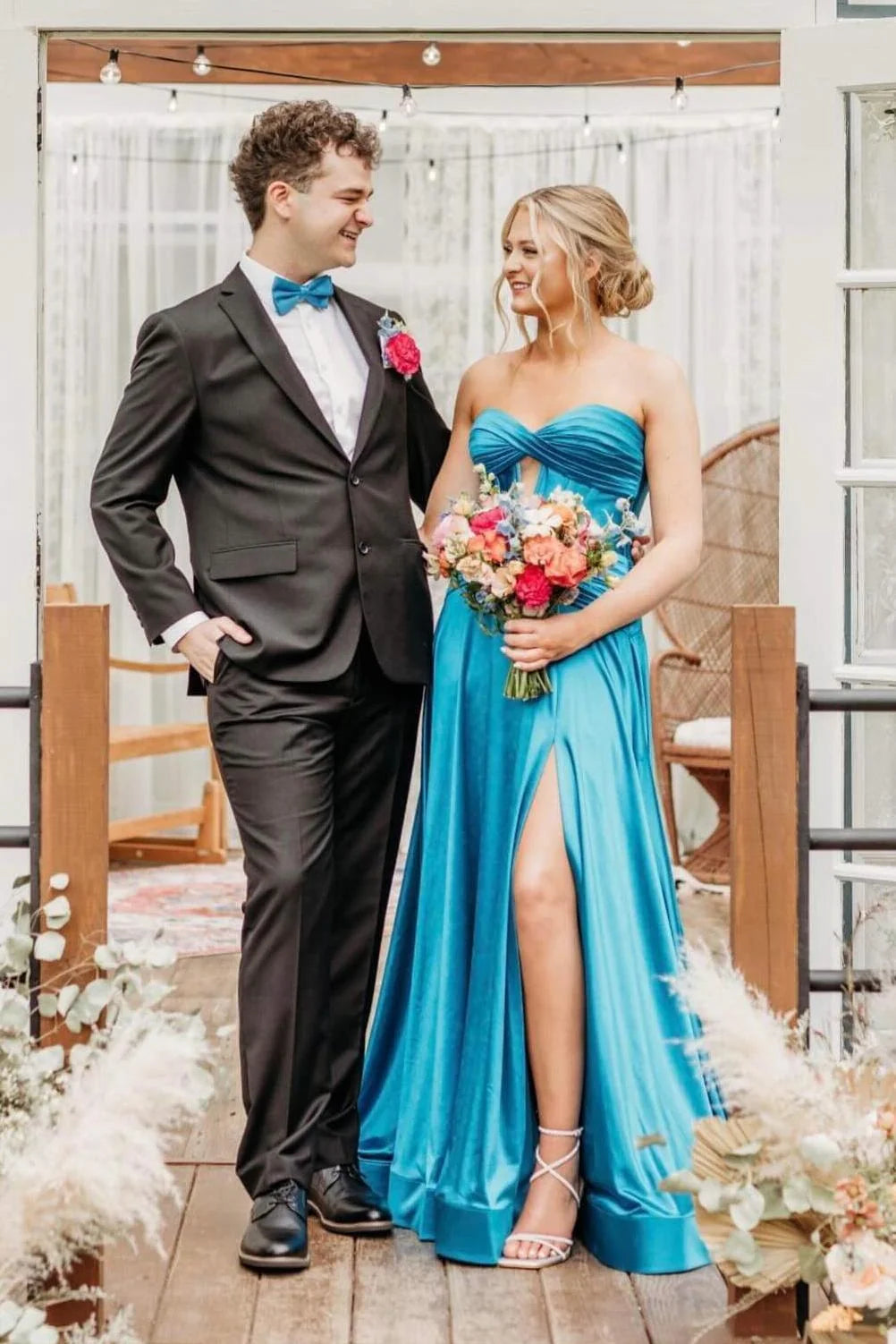 Strapless Satin A Line Formal Prom Dress Wedding Guest Dress  P2555