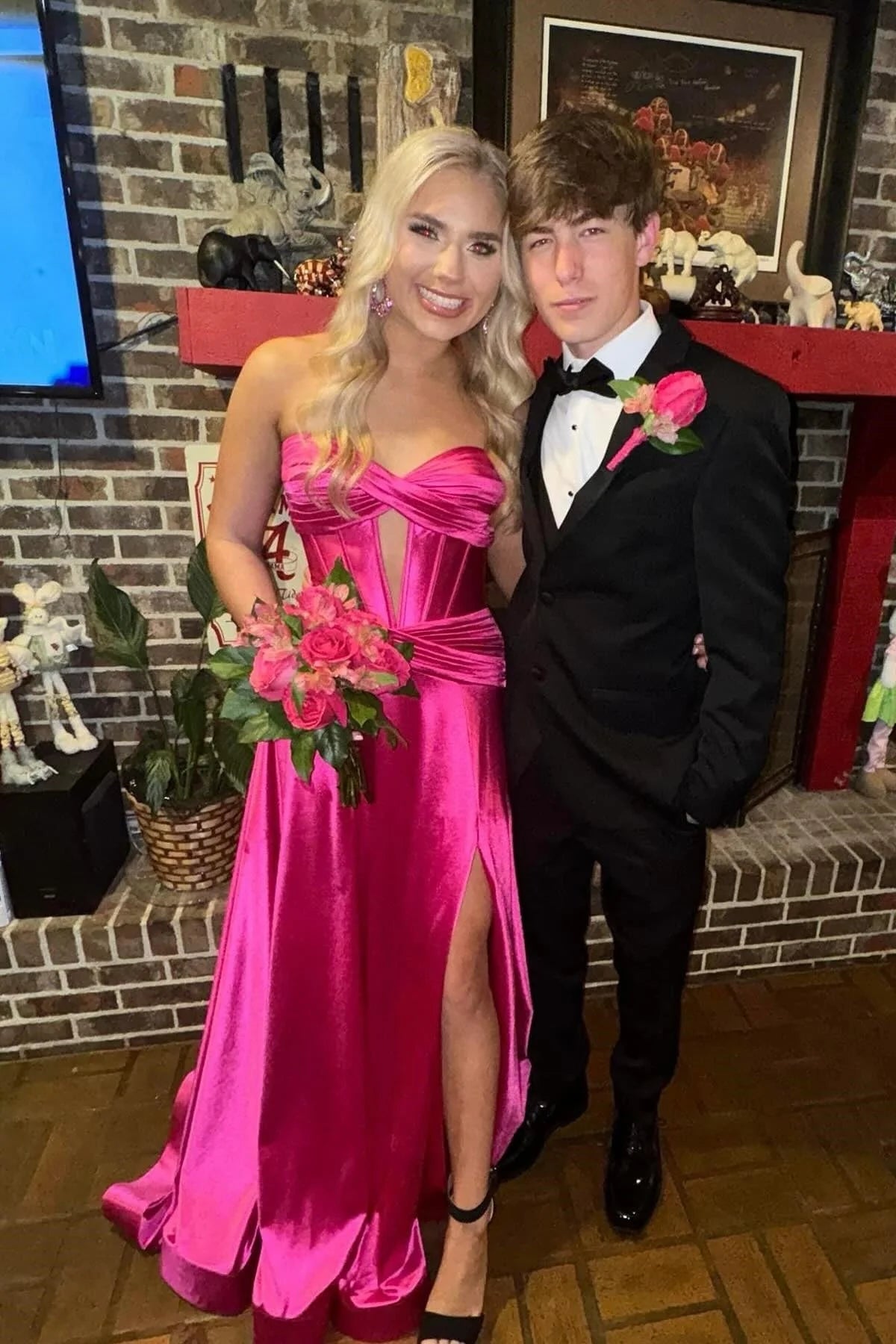 Strapless Satin A Line Formal Prom Dress Wedding Guest Dress  P2555