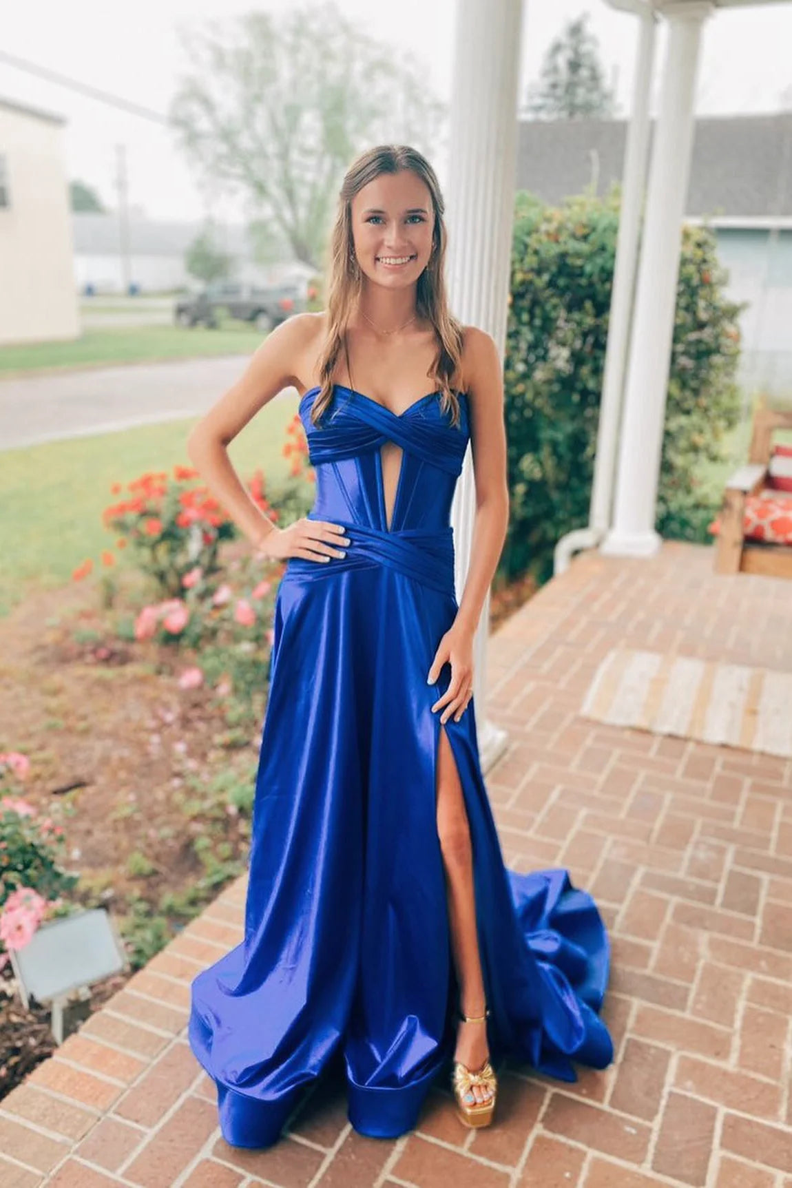 Strapless Satin A Line Formal Prom Dress Wedding Guest Dress  P2555