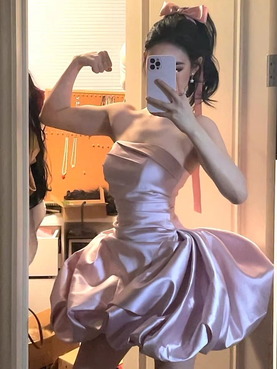 Strapless Satin A Line Mini Birthday Dress Short Party Dress  P939