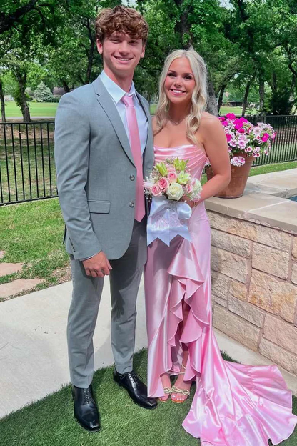 Strapless Satin Ruffled Long Formal Prom Dress With High Slit  P850