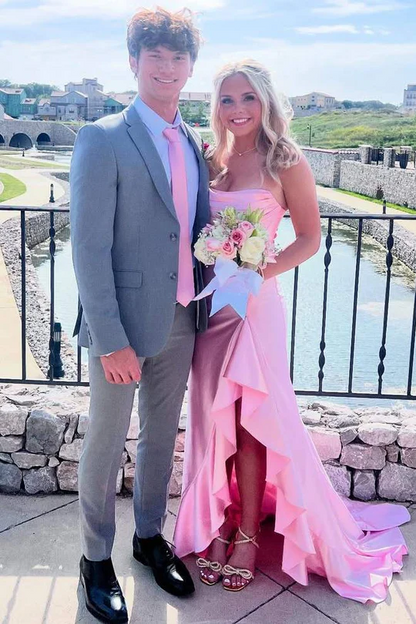 Strapless Satin Ruffled Long Formal Prom Dress With High Slit  P850