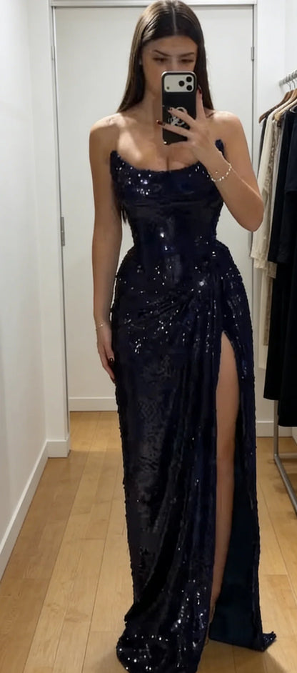 Strapless Sequins Evening Dresses Navy Blue Long Prom Dress With Slit  P1118