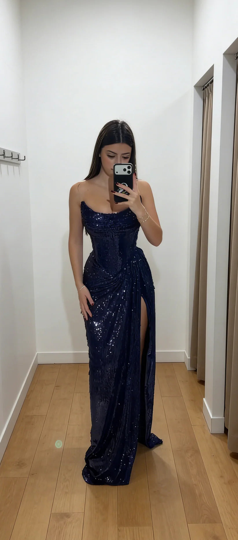 Strapless Sequins Evening Dresses Navy Blue Long Prom Dress With Slit  P1118