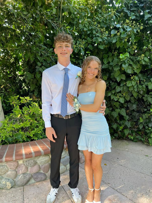 Strapless Sheath Blue Homecoming Dress Ruffled Party Dress  P2013