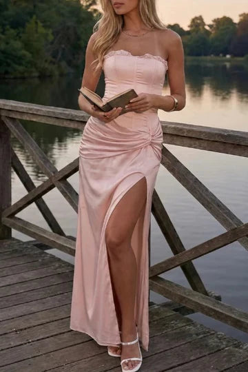 Strapless Sheath Satin Formal Prom Dress With Slit  P1024