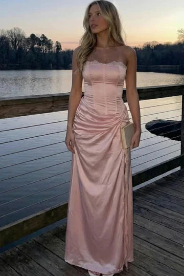 Strapless Sheath Satin Formal Prom Dress With Slit  P1024