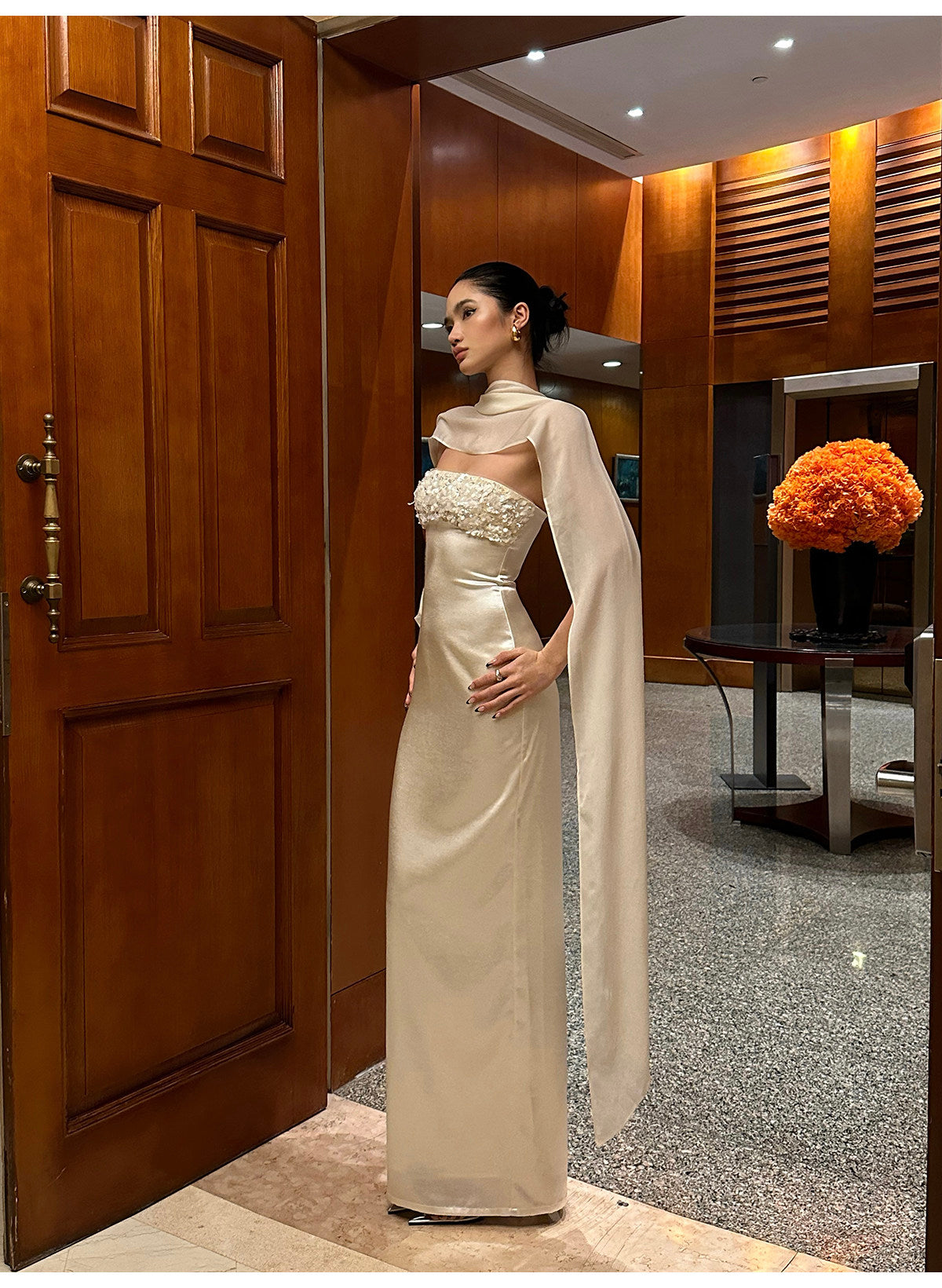 Strapless Sheath Satin Prom Dress with Scarf Formal Evening Dress  P1107